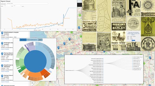 Collage of images showing UKMHL (UK Medical Heritage Library) visualisation types – Ngram, image wall, hospital map and dendrogram.