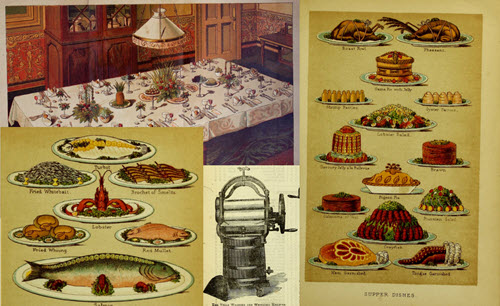 A collage of images from Mrs Beeton’s book of household management including a table setting, fish dishes, a mangle and supper dishes.