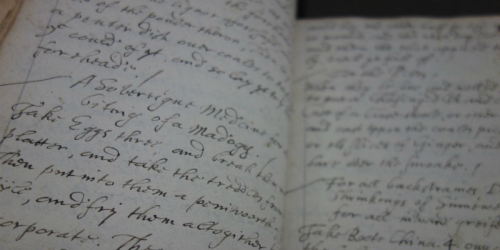 Photograph showing close-up of page from “A Booke of Medicines and Receits” by Sir Robert Morton, 1637.