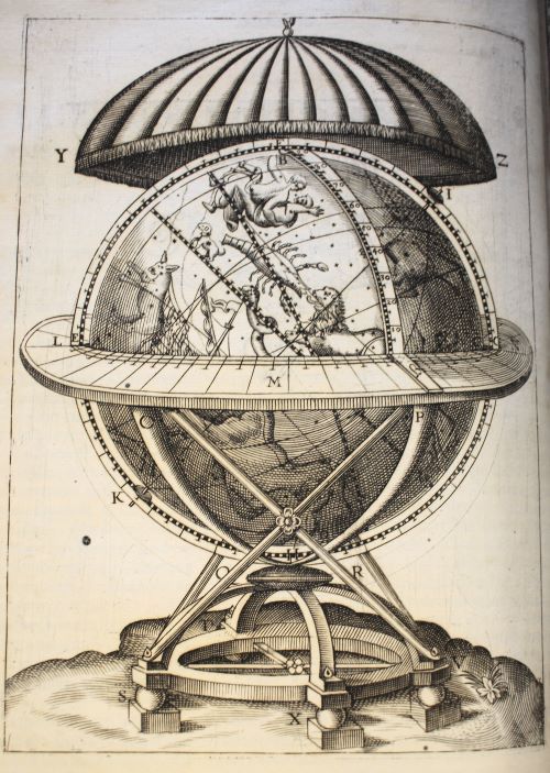 Photograph showing page from from Tycho Brahe’s Great Brass Globe as illustrated in Astronimiae instauratae mechanica, a second edition of which is housed at the RAS Library.